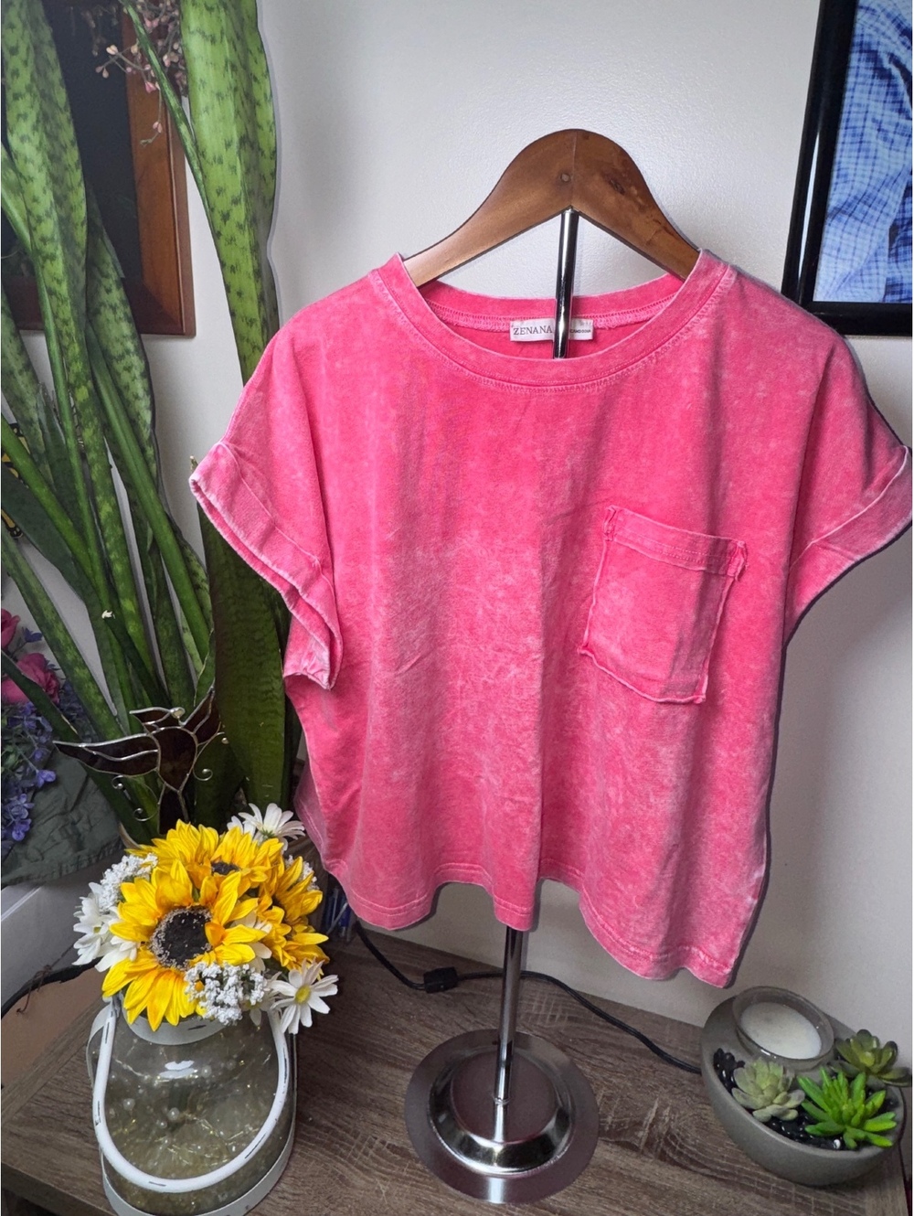 Zenana Acid Wash Cropped Tee with Pocket & Cuffed Sleeves